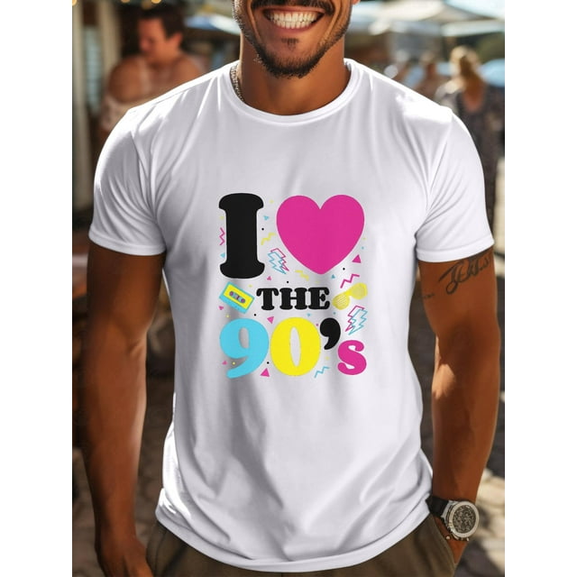 Camiseta gráfica para hombre "Me encantan los 90": camiseta informal de manga corta para verano, tela de algodón transpirable, lavable a máquina. Para adultos, hombres, mujeres, adolescentes, jóvenes.