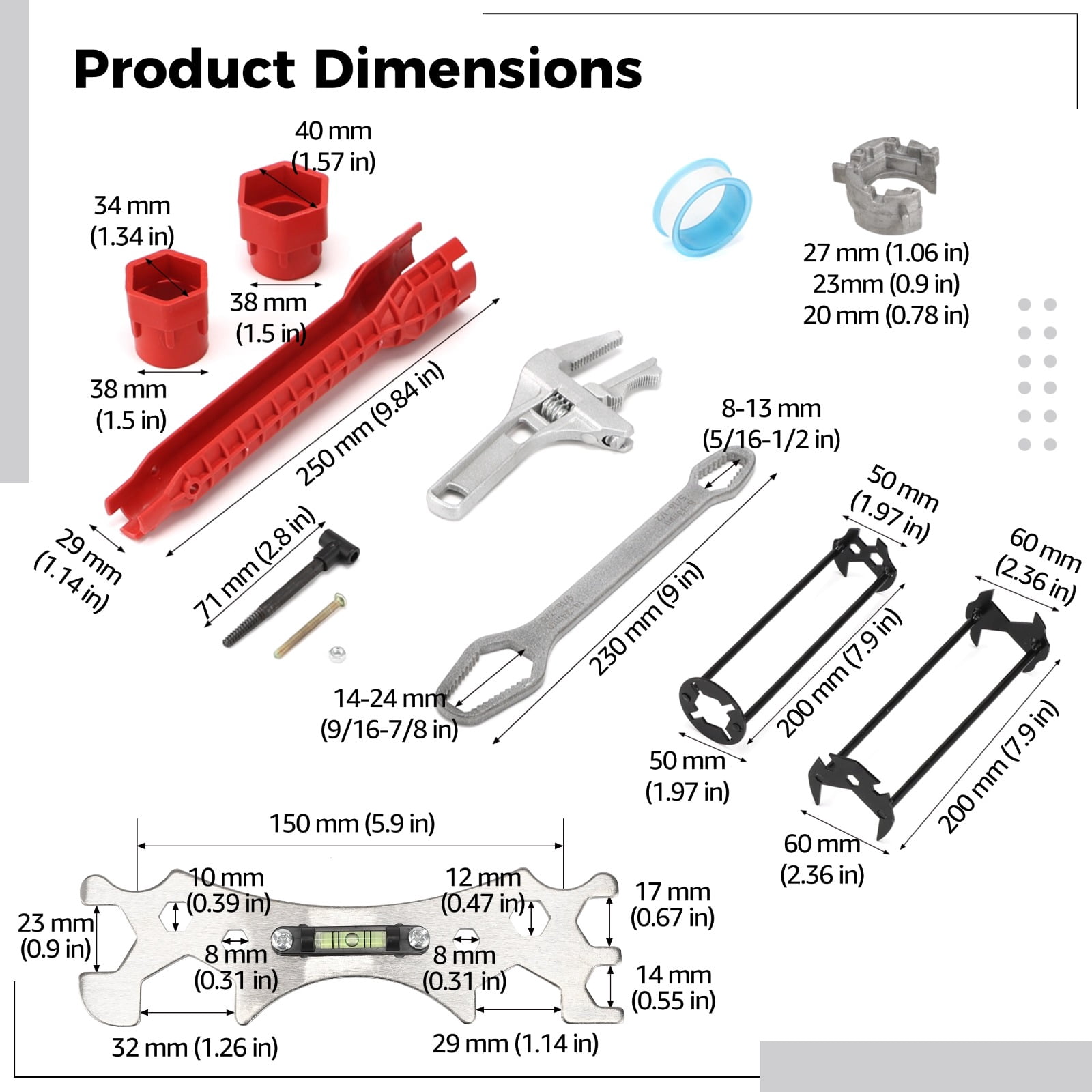 6PCS Basin Wrench Set, 8-in-1 Faucet Spanner for Sink Bathroom , 8-32 mm Adjustable Basin Wrench, Under Sink Tight Space Wrench with Thread Seal Tape and Screw