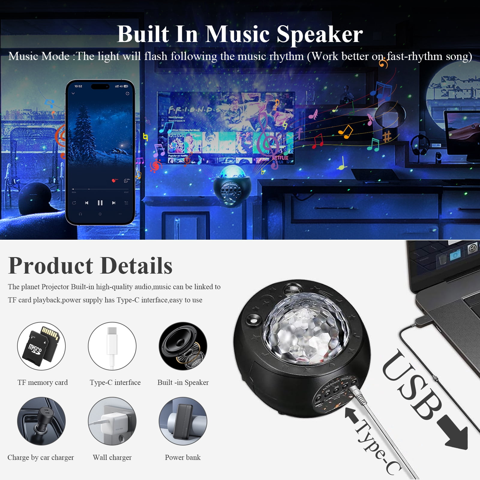 AMBLER Galaxy Projector, Star Projector for Bedroom, Bluetooth Speaker Night Light for Kids Adults Home Ceiling Gaming Room Decor