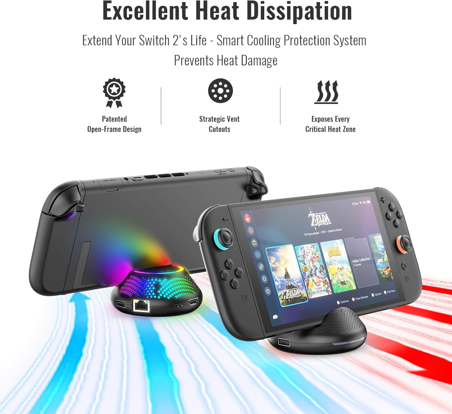 Portable TV Docking Station for Switch 2, with RGB Lighting - Support 1000Mbps Ethernet LAN Port/4K HDMI Output/2 USB Port/with RGB Lighting(Black)