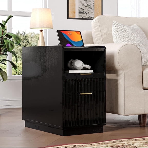 Laisnet 2-Drawers Nightstand for Bedroom, Fluted Bed Side End Table with Charging Station, Black