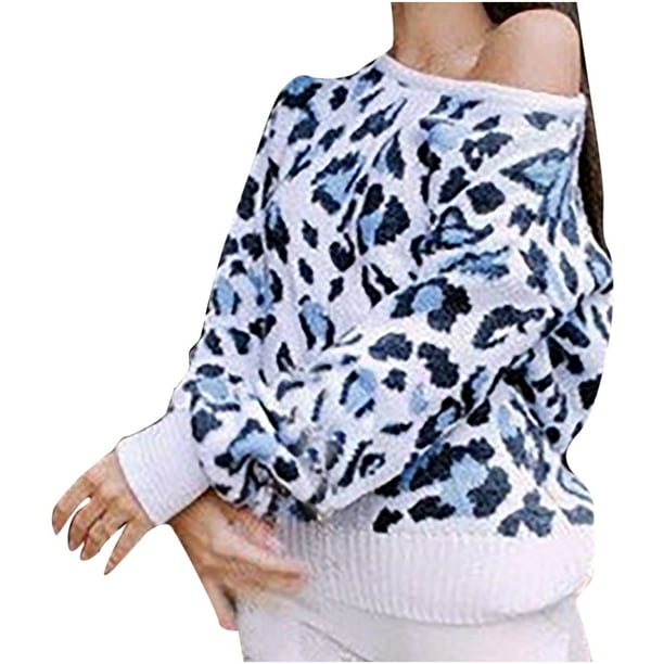 Women s Sexy Long Sleeve Sweater Crewneck Leopard Print Open Back