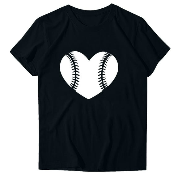WREESH Cute Women's Baseball Graphic Tee Fashion Round Neck Short Sleeve Blouse with Trendy Print Black