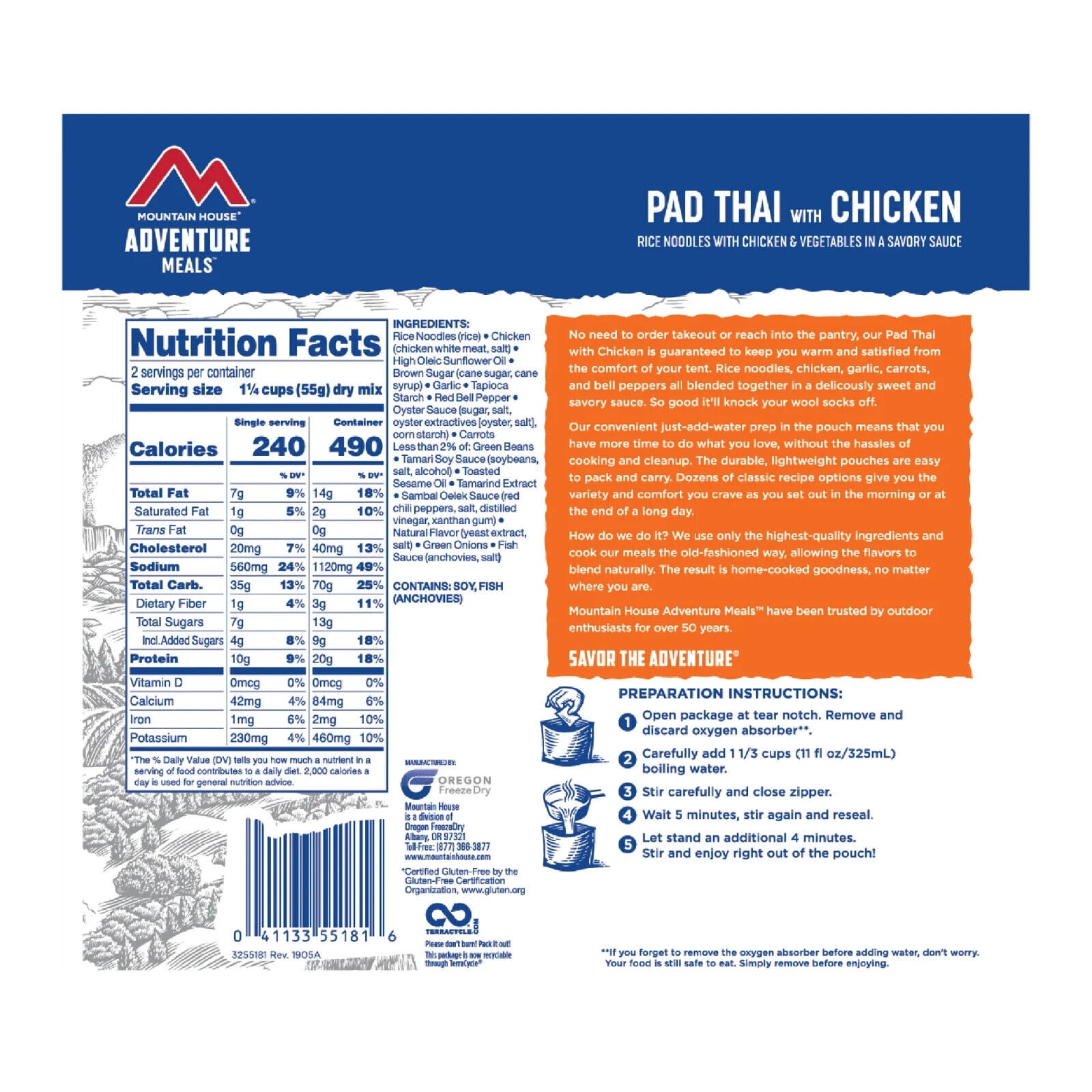Mountain House Pad Freeze Dried Emergency Survival Backpacking and Camping Food Thai with Chicken - 6 Pouches