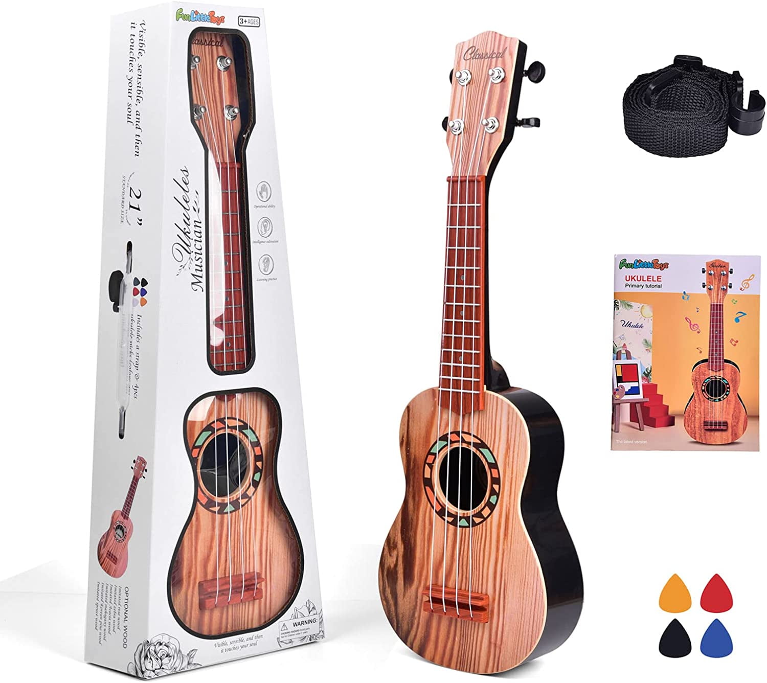 Fun Little Toys 21 Inch Toy Guitar Ukulele, Musical Instruments for Kids with Strap, Picks Tutorial, Learning Educational Toys Boys and Girls (Burlywood),Child -