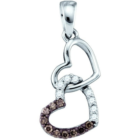 Double Dangling Heart 10k White Gold Round Chocolate Brown Diamond Dangling Double Heart Pendant (1/6 Cttw) ()