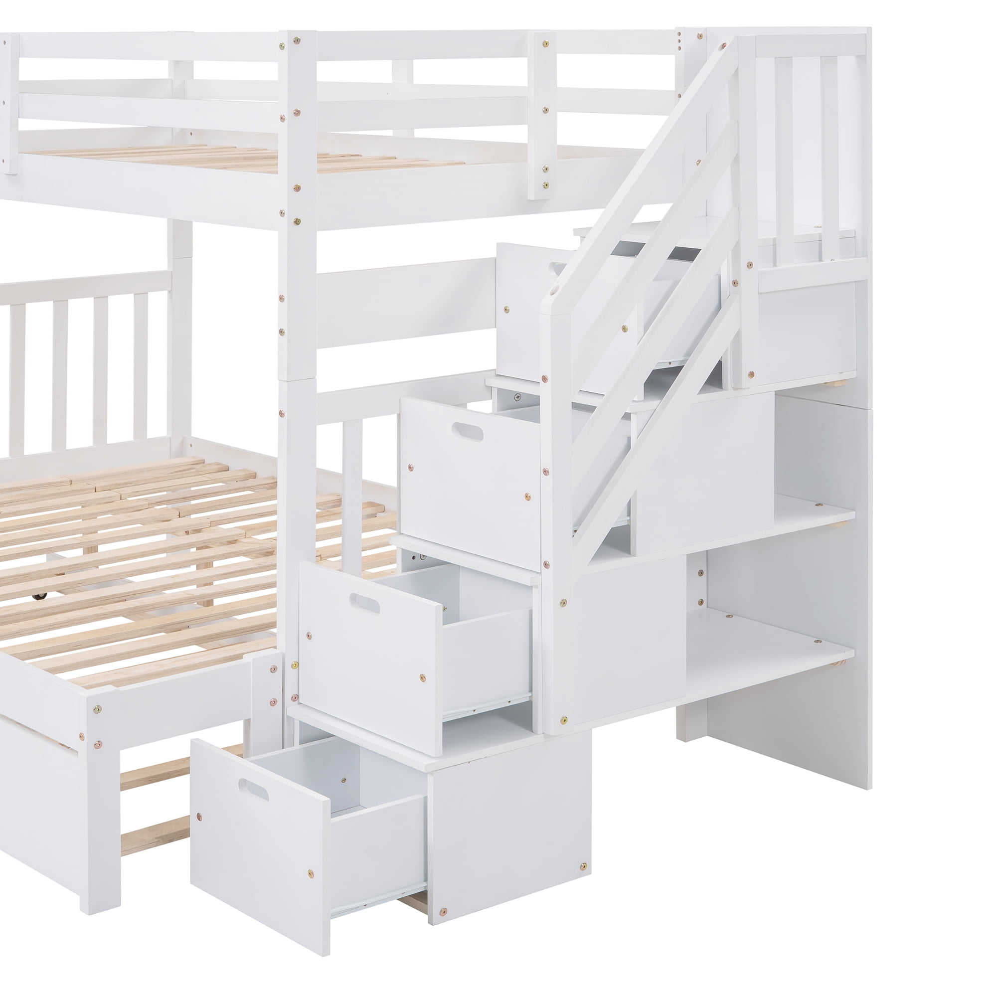 Aukfa Twin Over Full Bunk Bed with Trundle Bed, Wood Storage Stairway Bunk Bed with Drawer and Cabinet for Kids Bedroom - White