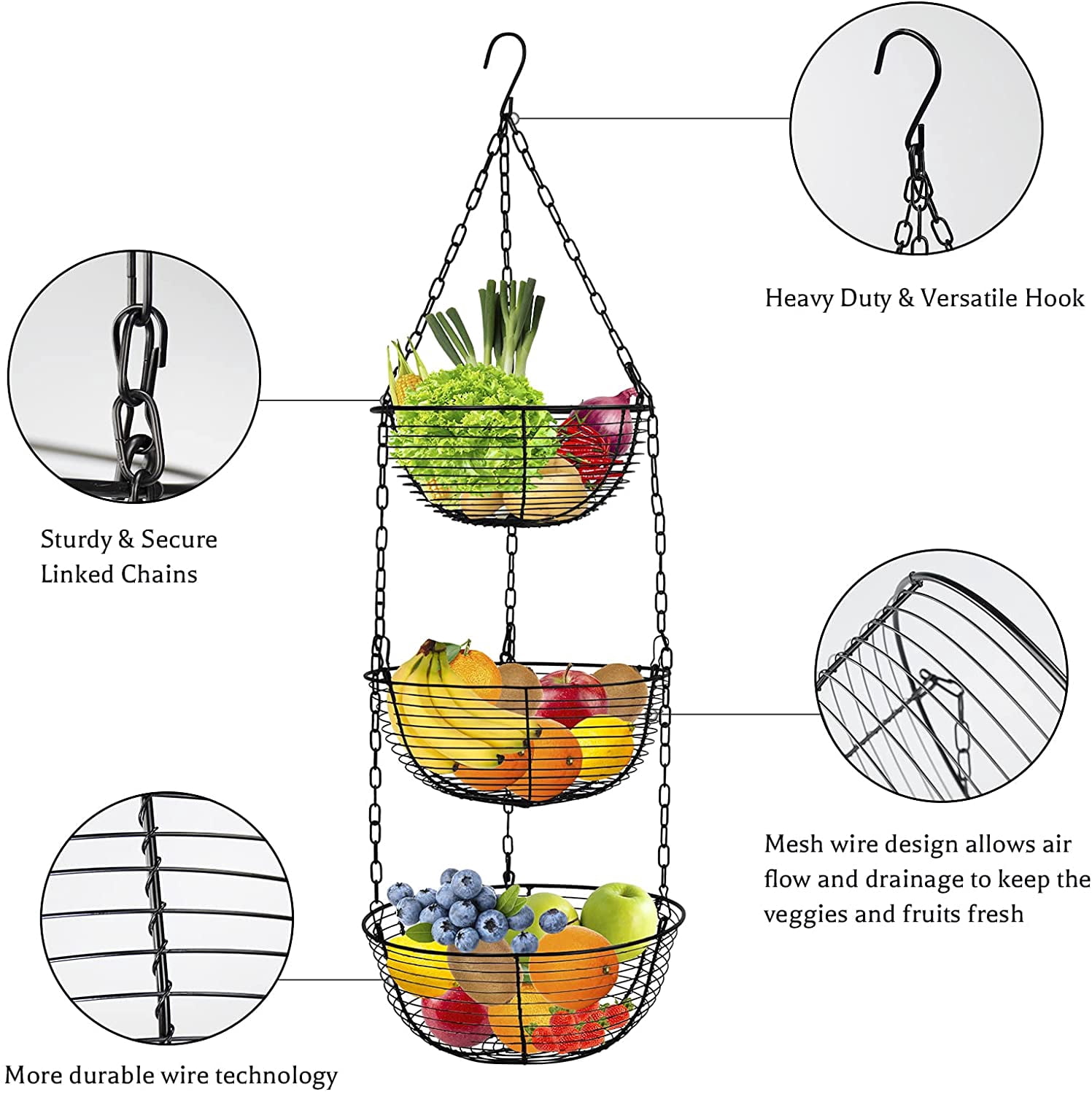 Codream 3 Tier Hanging Fruit Basket, Wire Vegetable Produce Basket for Kitchen, Heavy Duty Fruit Storage Organizer Black Fruit Holder