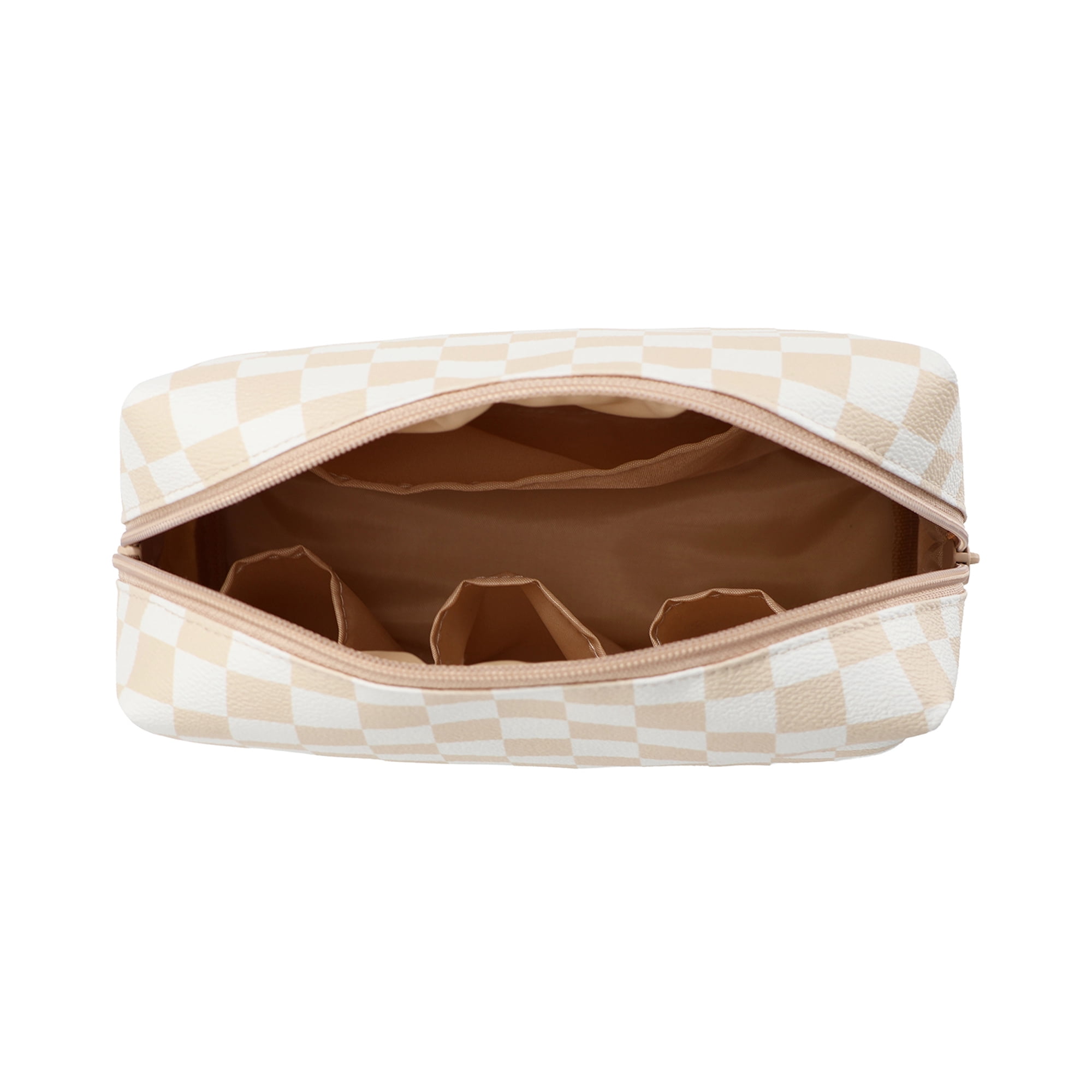 packlab Large Checkered Cosmetic Bag, 4 Interior Pockets, Wipeable, Beige