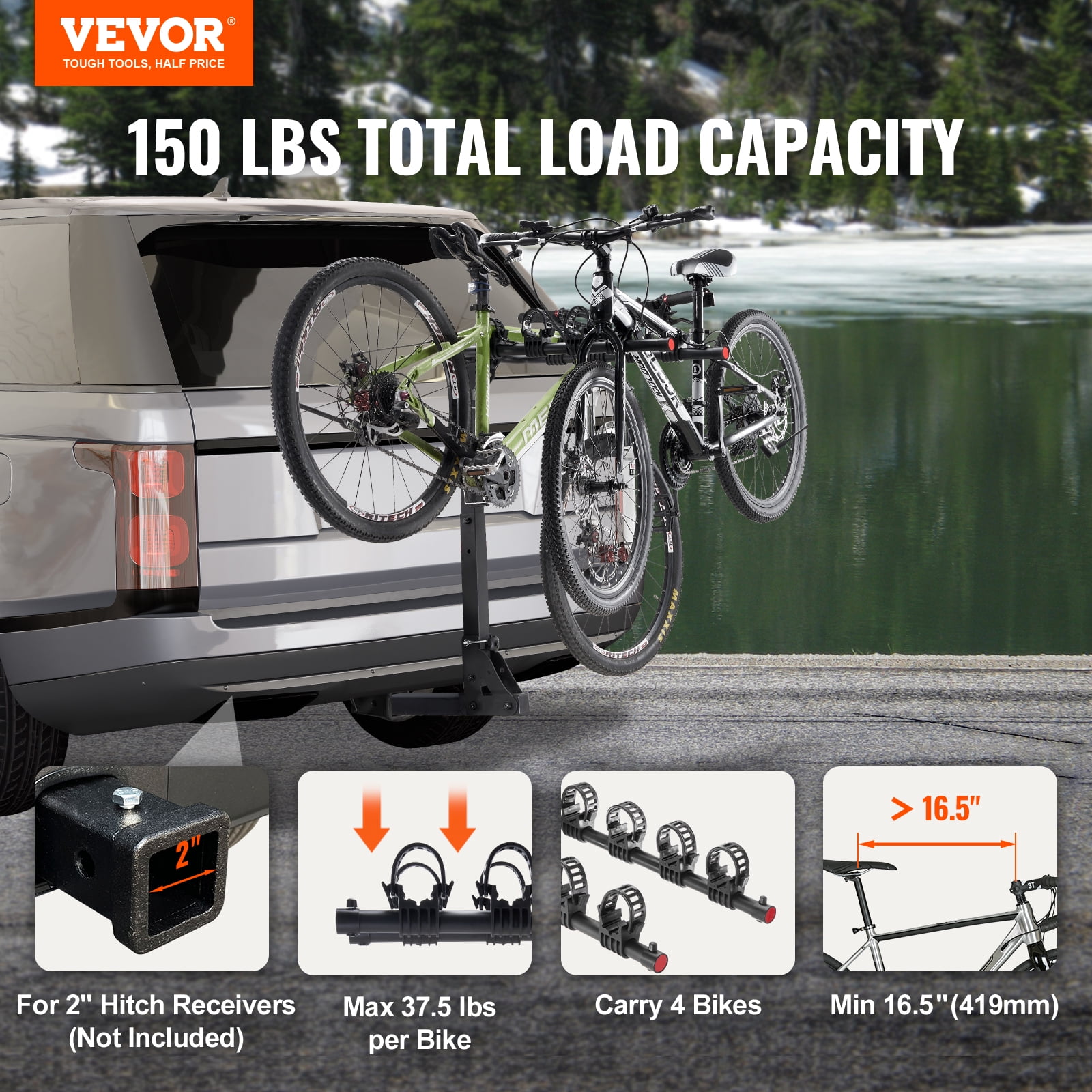 VEVOR Hitch Mount Bike Rack 4 Bike Carrier Rack 150 LBS Capacity Bike Rack Hitch for 2 inch Receiver Titling and Folding Bike Carrier with