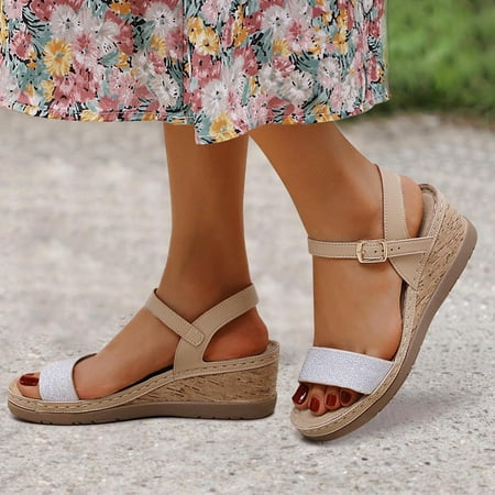 

Aayomet Platform Sandals Roman Solid Women s Frosted Glitter Wedge Platform Color Sandals Shoes Buckle Women s sandals Beige 6.5