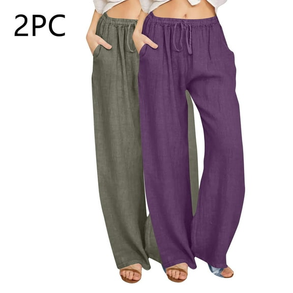 Wancir 2PC Womens Linen Wide Leg Pants Casual Loose Drawstring Low Waist Beach Palazzo Harem Pants with Pockets