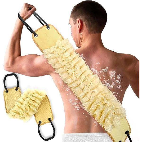wonima11 Exfoliating Loofah Back Scrubber for Shower, 39 Inch Exfoliator Washcloth with Antislip Handles for Use in Shower, Double-Sided Body Bath Luffa Washer to Deep Clean Back Skin for Women & Men