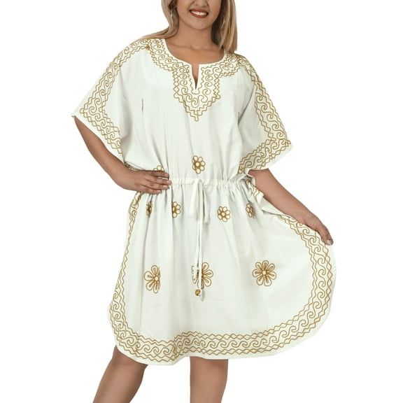 HAPPY BAY Women's Loungewear Solid Casual Relaxed Caftan Knee Length Cover Up Dresses for Women 2X-3X Floral, Off-White