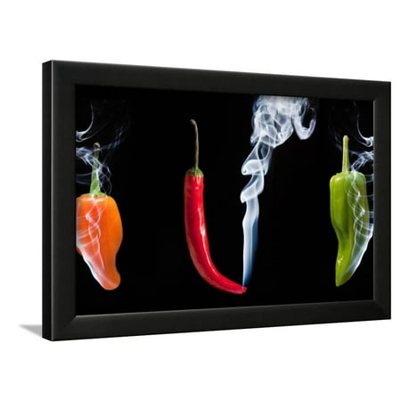Peppers Framed - Red Green and Orange Hot Chilli Peppers with Smoke Coming out of Tips Framed Print Wall Art By Veneratio