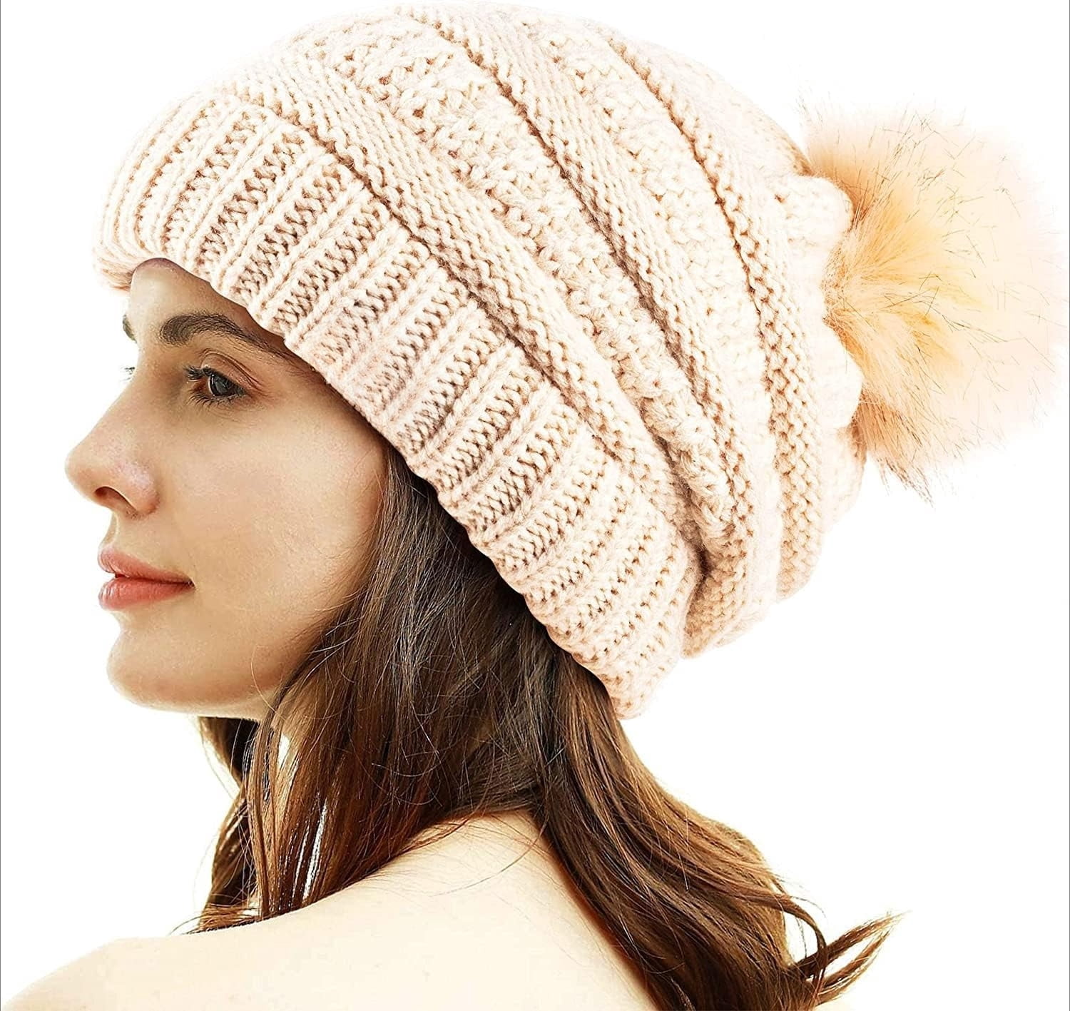 Women\'s Beige Winter Beanie Hat Satin Lined Faux Fur Pom Pom Beanies Hat Yanibest Satin Lined Winter Pom Beanie Beige main image 2