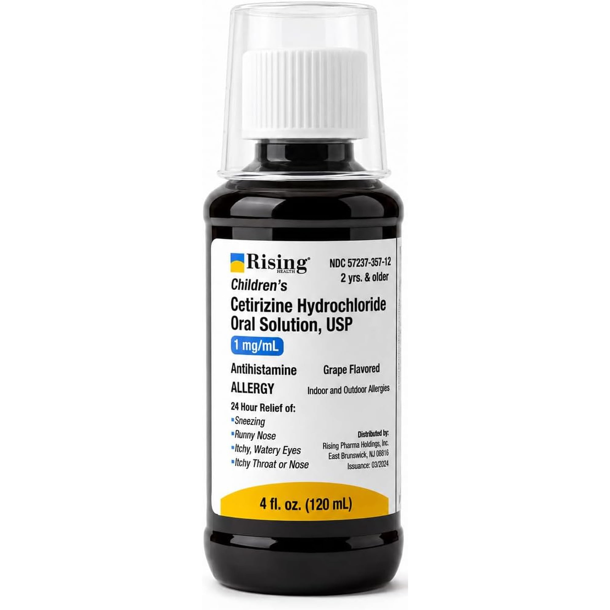 Rising Health Children's 24 Hour Allergy Relief Syrup, 1 mg/mL Cetirizine Hydrochloride Antihistamine Oral Solution, Kids Allergy Medicine for Indoor & Outdoor Allergy Relief, Grape Flavor, 4 fl. Oz