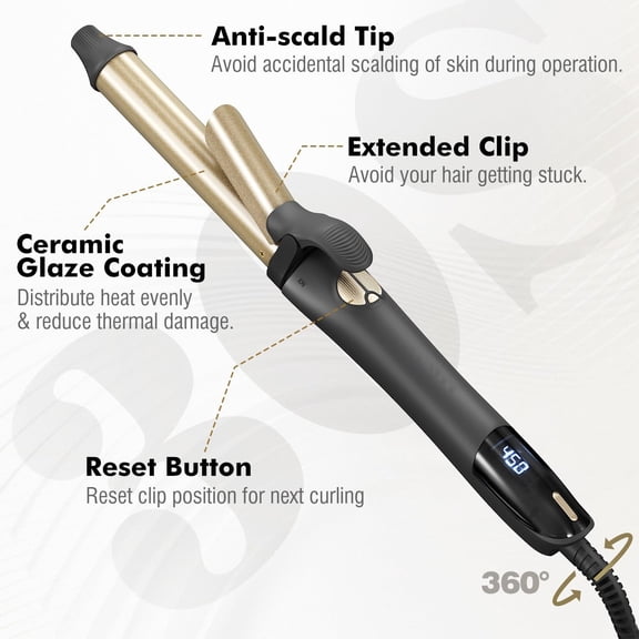 Rotating Curling Iron, 3 in 1 Automatic Curling Iron Set with Interchangeable Barrel 3/4, 1, 1 1/4 Inch, Instant Heat Dual Voltage Curling Wand for Lasting Beach Waves, Gold