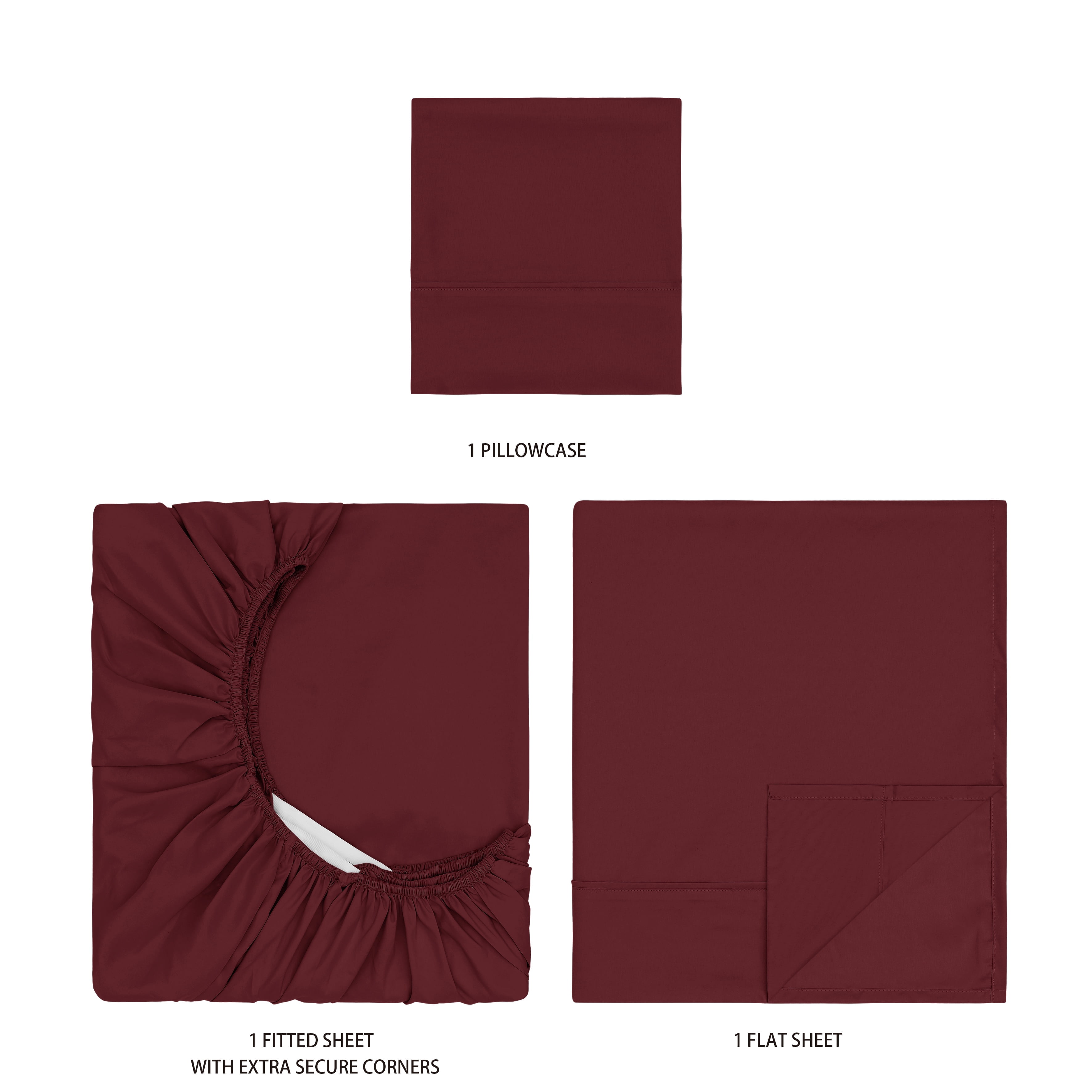 Mainstays Super Soft Brushed Microfiber Bed Sheet Set, Luscious Red Merlot, Twin-XL, 3 Piece