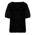 thumbnail image 4 of Feancey Clearance Sales Today Deals Prime Sparkly Tops for Women Sequin Splicing Velvet T Shirts Dressy Casual Short Sleeve V Neck Glitter Blouses Spring Summer Elegant Party Tee Shirts Black L, 4 of 7