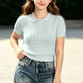 thumbnail image 5 of jobturf Girls Peter Pan Collar Short Sleeve Knit Top Bow Embroidery Cropped Sweater Tee School Uniform Tshirts Size 2-15 Years, 5 of 7