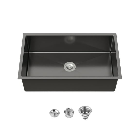 Acpouw Stainless Steel Kitchen Sink, 33″x19″ Single Bowl, Undermount Handmade Sink in Black, with US Standard Drain and Hook