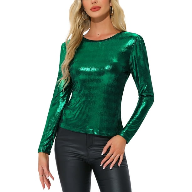BLUSA BRILLANTE PARA MUJER INSPIRE CHIC, MANGA LARGA, CUELLO REDONDO, AJUSTE REGULAR, BLUSA DE NOCHE BRILLANTE XS VERDE BRILLANTE