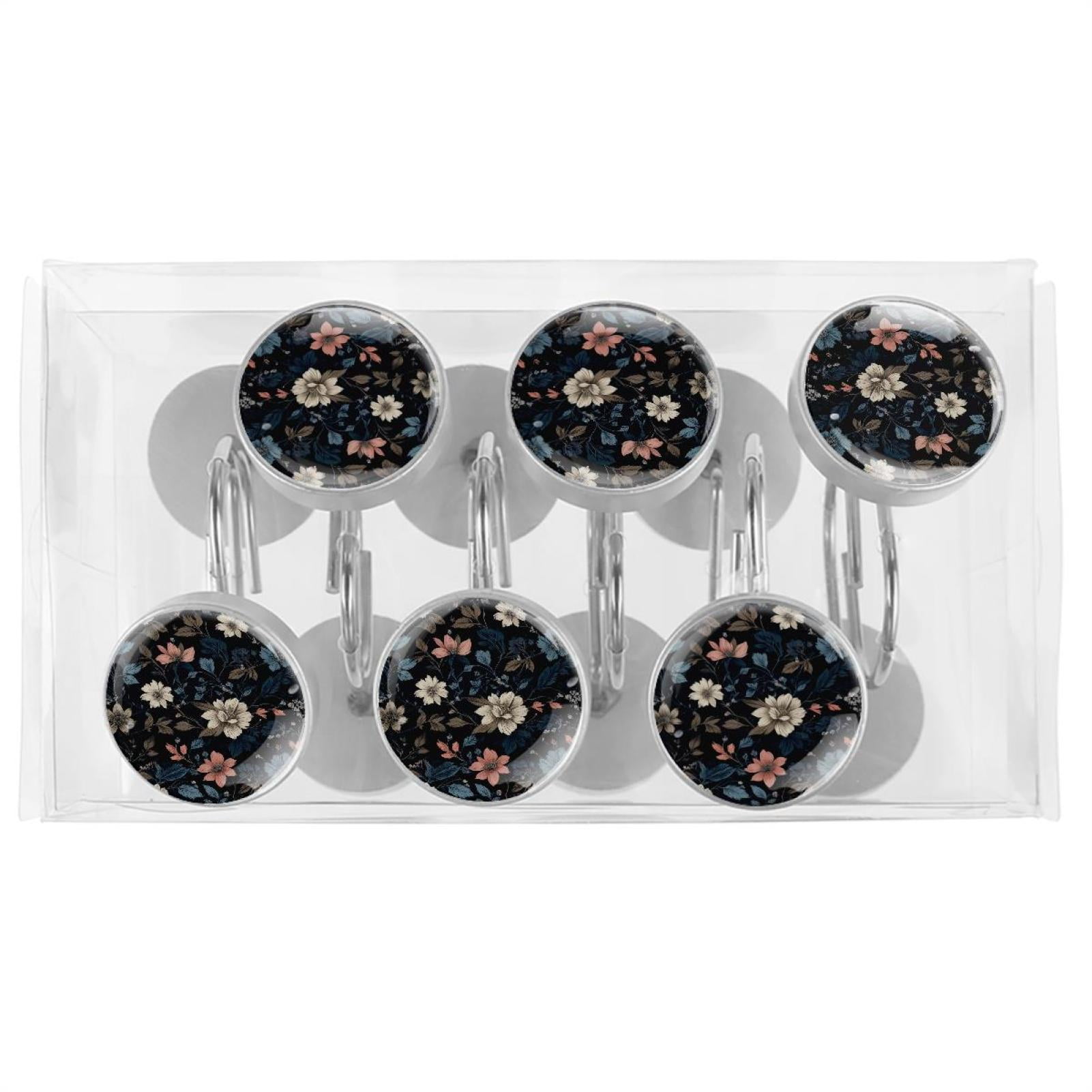 HemaKayy 12 Pcs Shower Curtain Hooks Bathroom Decorative Accessories Warm White Powder Blue Flower