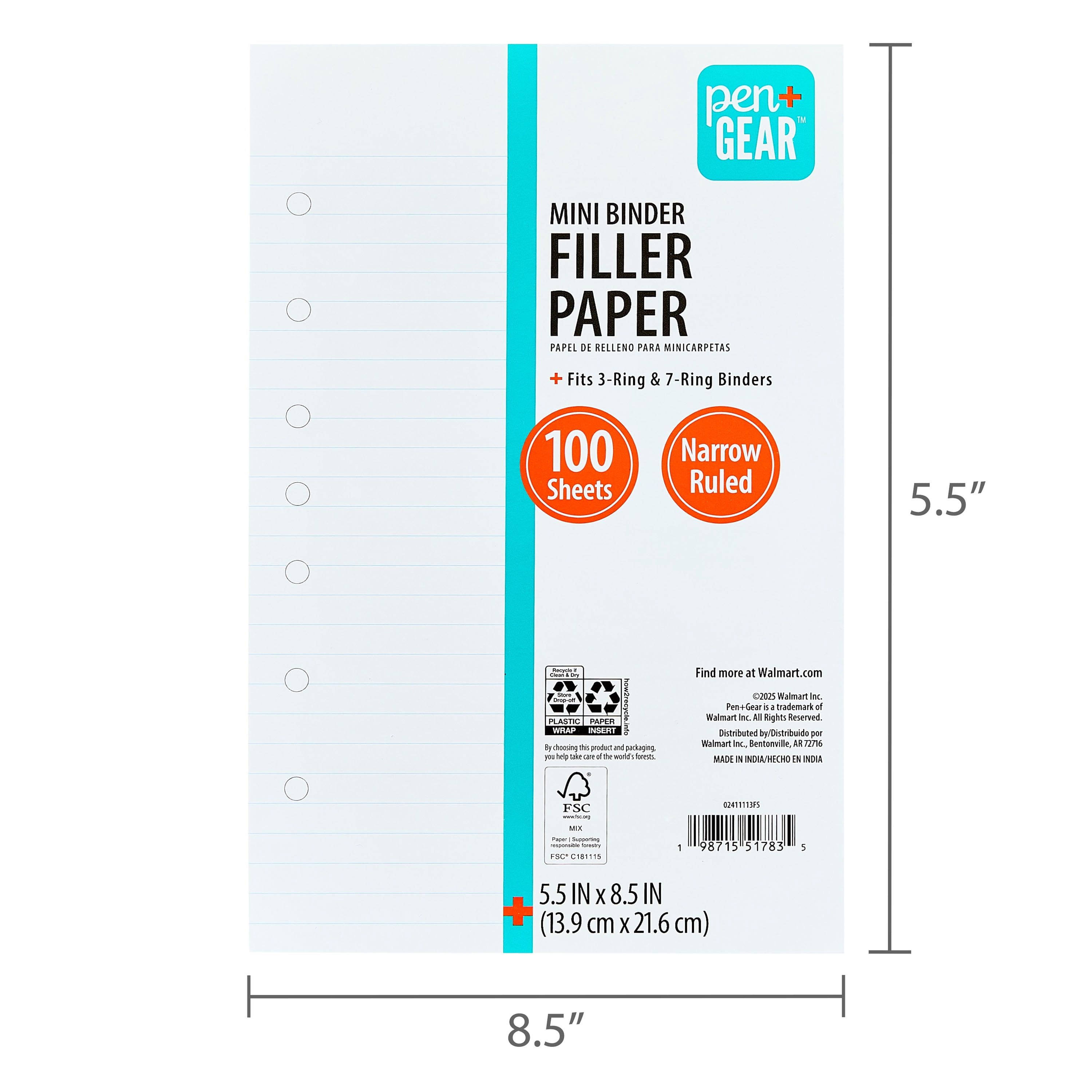 Pen+Gear Narrow Ruled Mini Binder Filler Paper, 5.5" x 8.5", 100 Sheets
