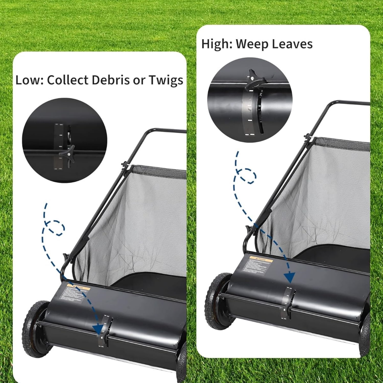 Riedhoff 26" Push Lawn Sweeper,4 Spinning Brushes, 7 Cu. Ft Capacity Collection Bag, Adjustable Height, Black