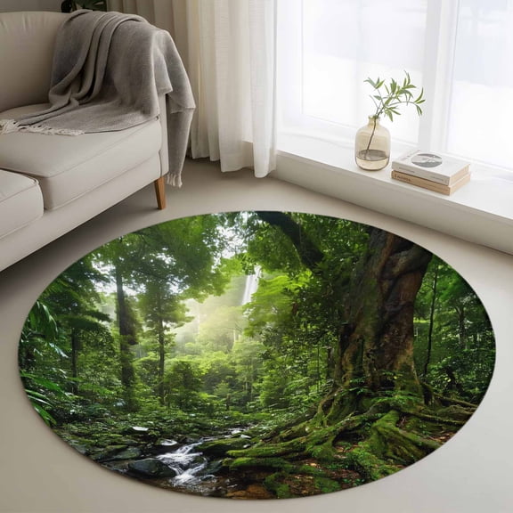 Round Rug 4Ft Washable Non-Slip, Green Forest Circle Area Rugs for Living Room Bedroom, Summer Botanical Watercolor Modern Art Indoor Floor Mats Carpet Runner for Home Decor Aesthetic