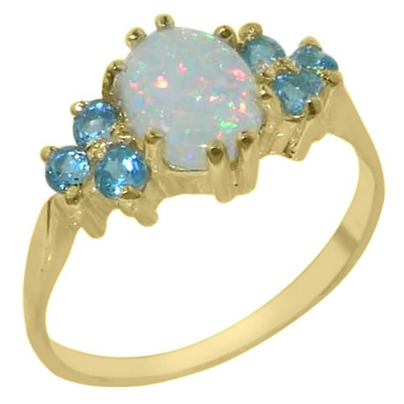 LBG 14k Yellow Gold Real Genuine Opal and Blue Topaz Womens Band Ring - Size 10