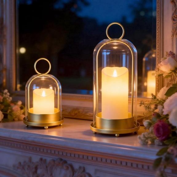 Fohil 5" & 4" Hurricane Glass Candle Holders, Set of 2 Metal Candle Holder with Handmade Sturdy Glass Dome