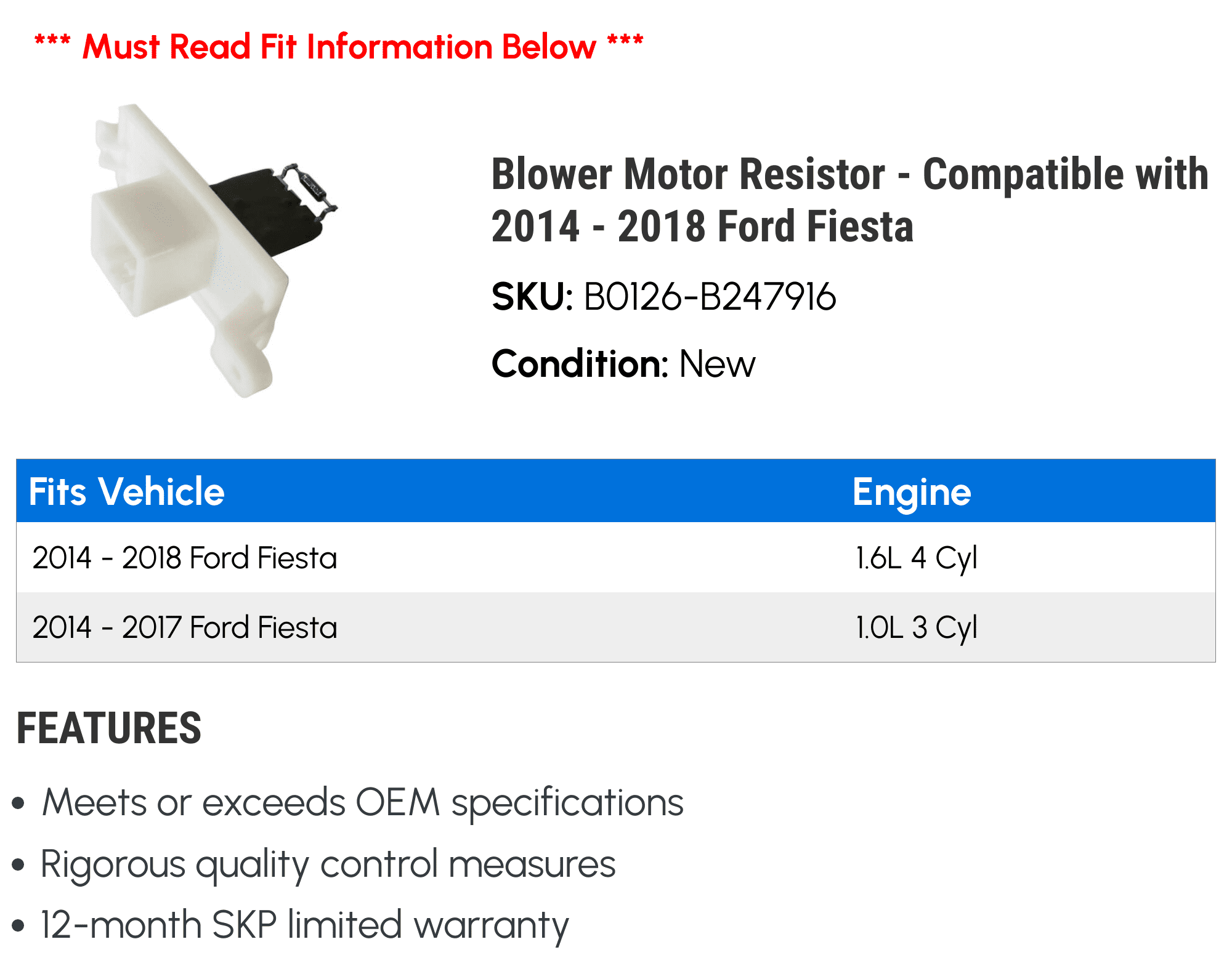 Blower Motor Resistor - Compatible with 2014 - 2018 Ford Fiesta 2015 2016 2017