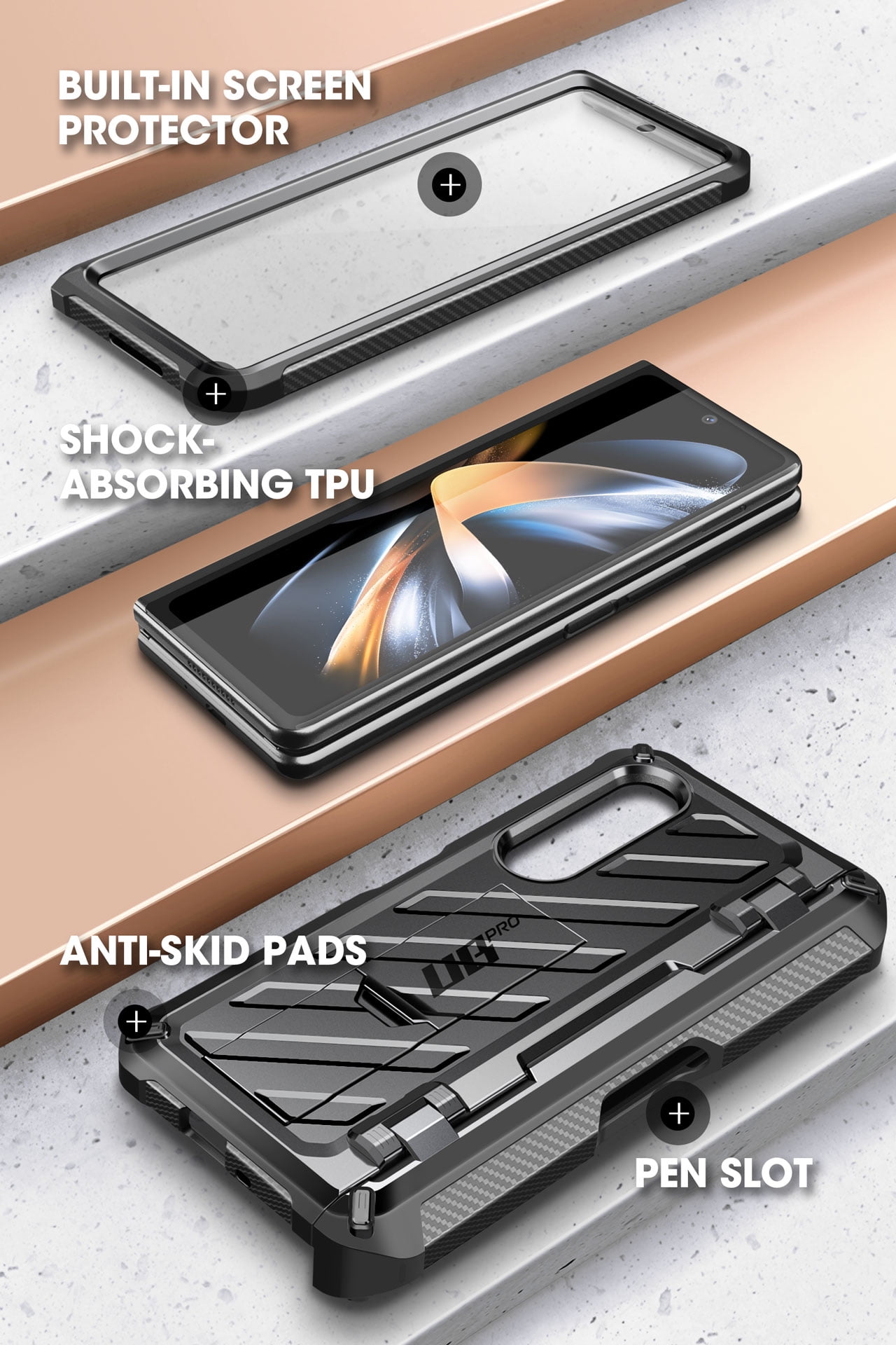 SupCase Unicorn Beetle Pro - Protective case for cell phone - rugged - with S-Pen holder - thermoplastic polyurethane (TPU) - black - for Samsung Galaxy Z Fold4