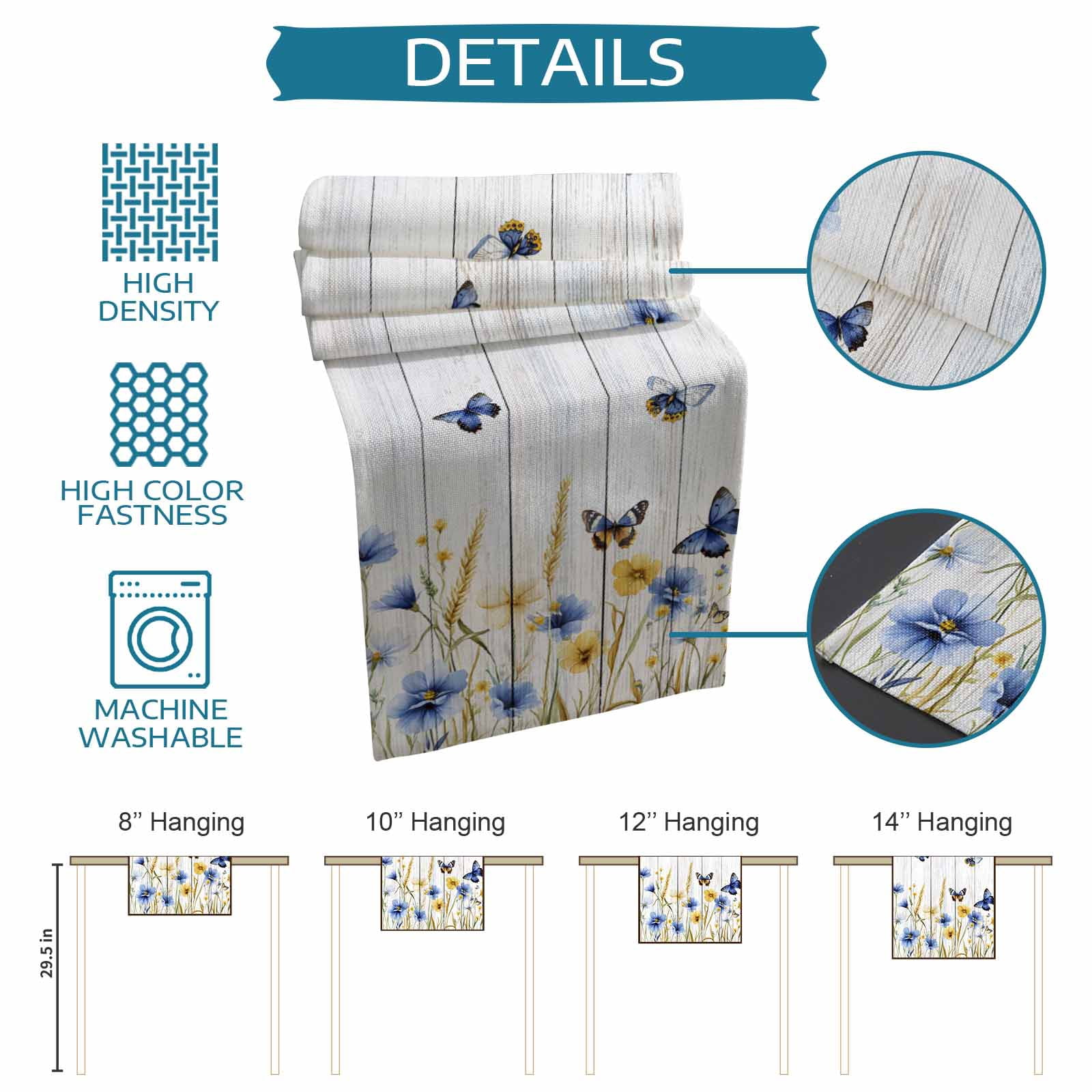 nqOlkjepod Butterflies Flower Table Runner 108 Inches Long Farmhouse Dress Scarves, Country Wood Grain Leaves Farmhouse Dining Tablerunner for Coffee Table/Kitchen Island/Party Décor, 13" x 108"