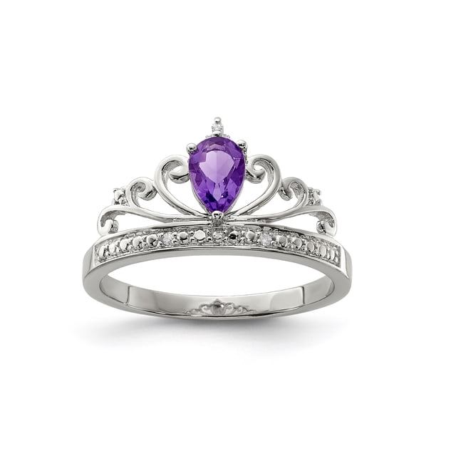 925 Sterling Silver Rhodium Plated Diamond and Amethyst Teardrop Ring