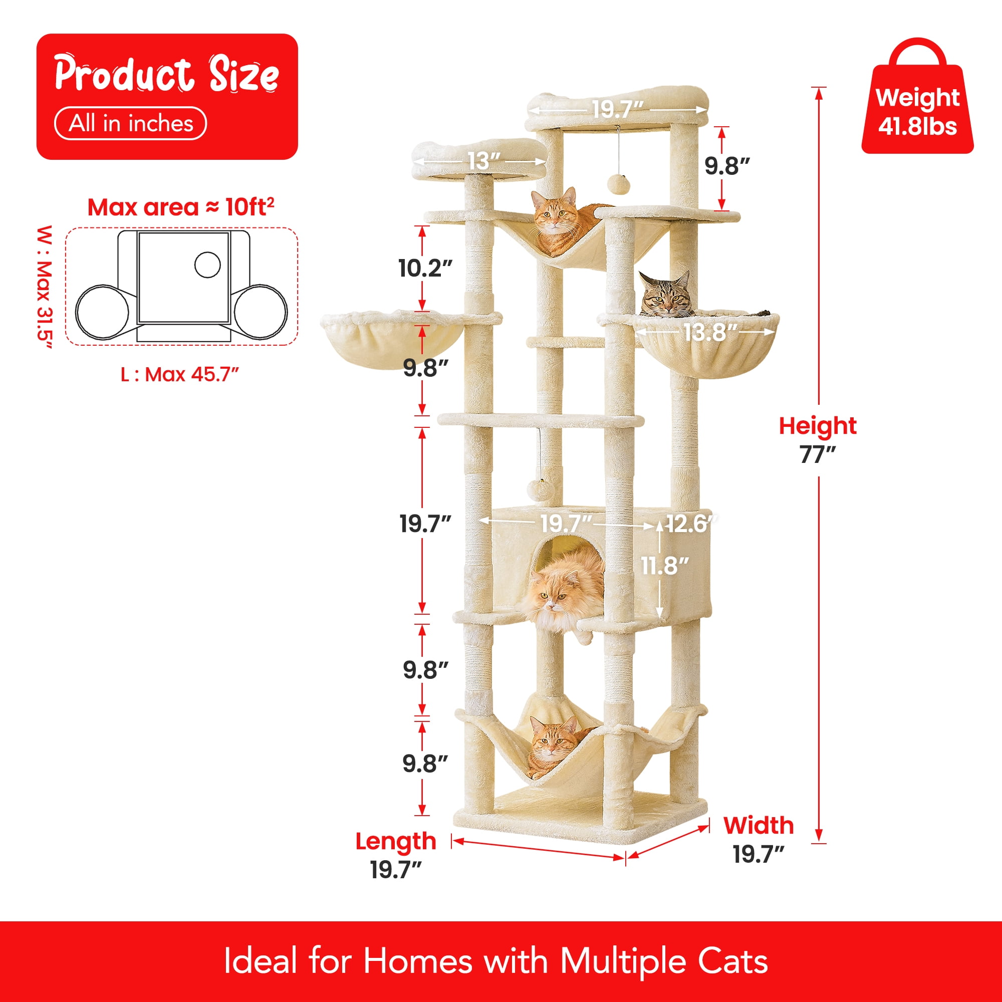 Furcato 77-Inch Cat Tree for Indoor Cats, Multi-Level Large Cat Tower with 4 Hammocks, 2 Padded Perches, Large Cat Condo, Beige