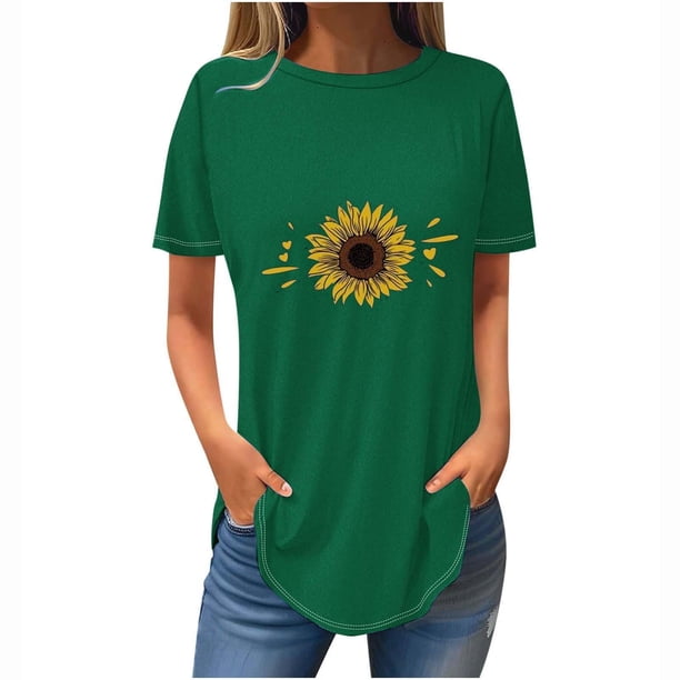 Tops de Verano de las Mujeres Suelto Ajuste Girasol Impresión Cuello Redondo Suelto 3/4 Manga Superior, Tops de Moda de las Mujeres