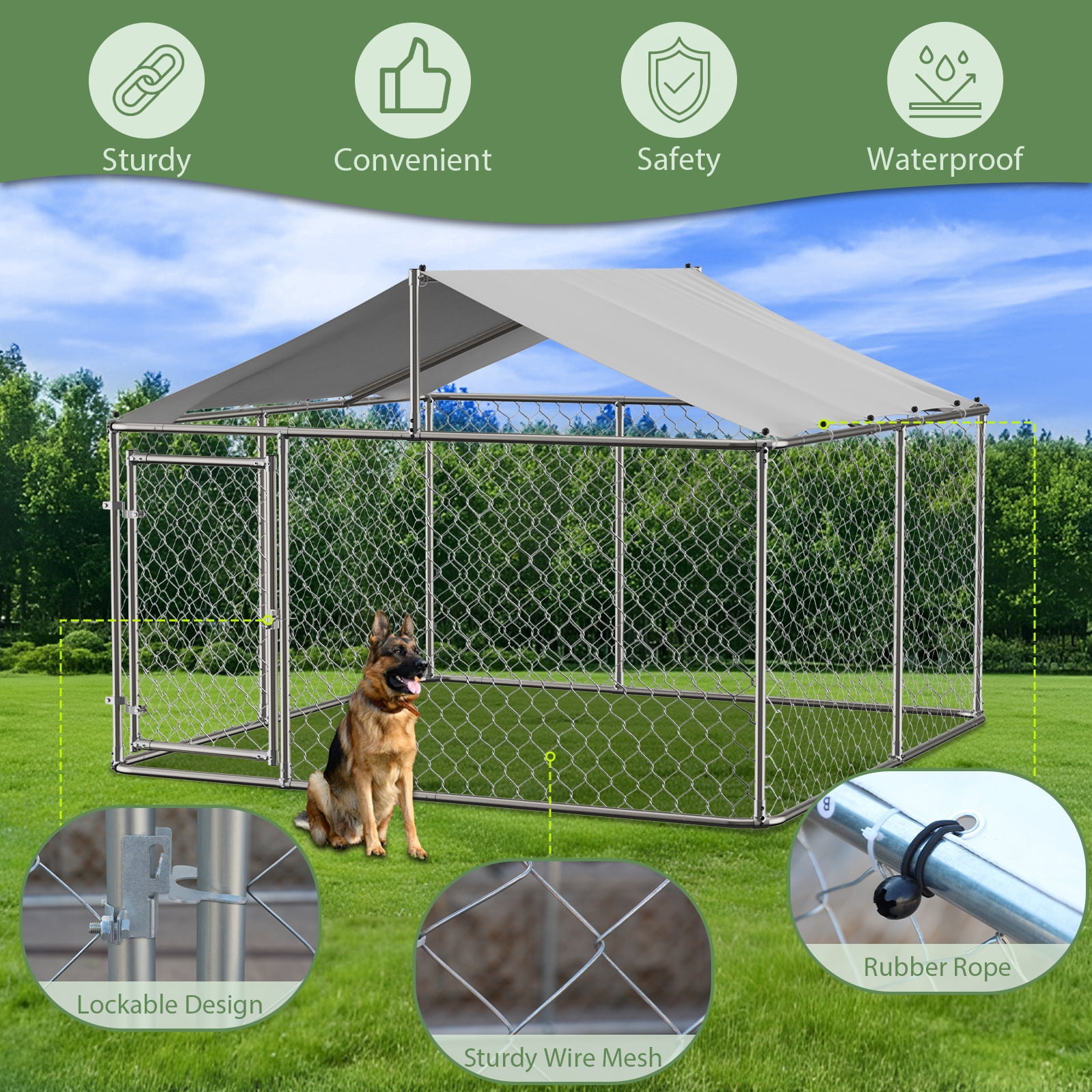 RocVanc 10'x10' Outdoor Dog Kennel with Metal Dog Gate, Outdoor Dog Enclosure with Roof, Heavy Duty Dog Kennel for Outdoor Backyard Farm