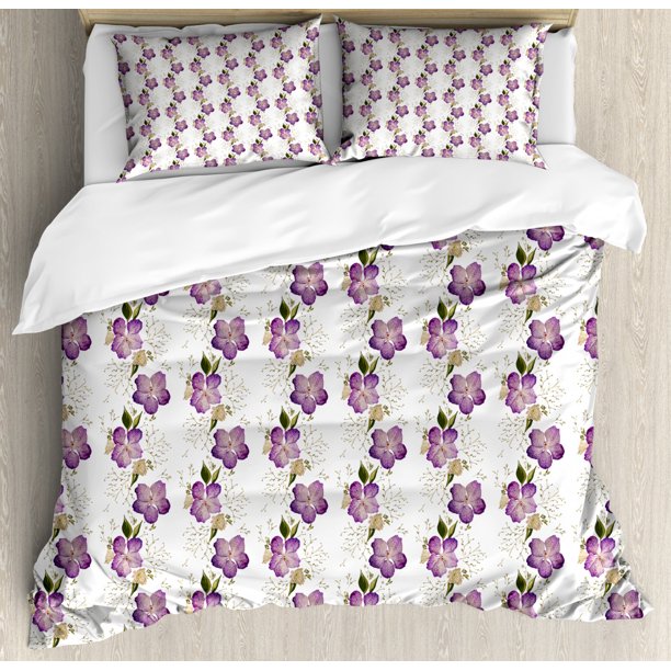 Orchids Duvet Cover Set King Size, Embroidery Style Retro Wild Flowers