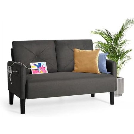 HVSDIMO Linen Fabric Modern Loveseat with USB 56" Mini Sofa Couch for Bedroom Mid-century Upholstered tufted Small 2-Seater Love Seats Sofa Comfy Couch for Small Space Living Room