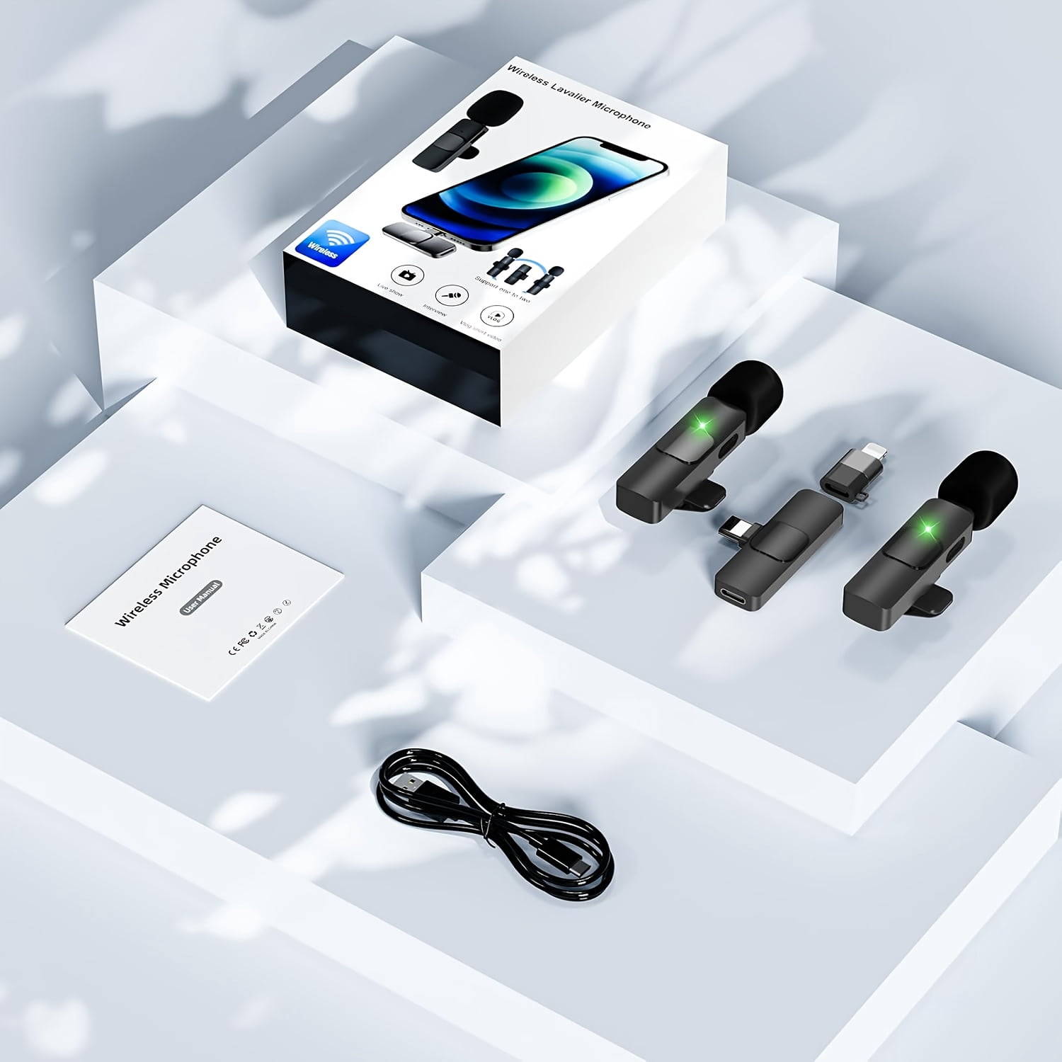 Wireless Lavalier Microphone Kit with 2 Mics, Receiver, Noise Reduction, Plug & Play, Omnidirectional, Portable