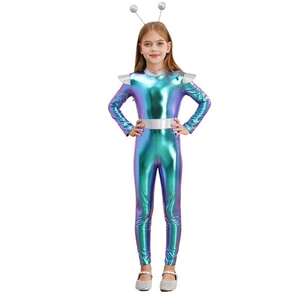 iiniim Boys Girls Alien Robot Halloween Galaxy Theme Party Shiny Metallic Jumpsuit with Hair Hoop Blue 6