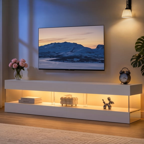 Cubehom TV Stand for 75" TV, LED RGB Entertainment Center with Storage for Living Room,White