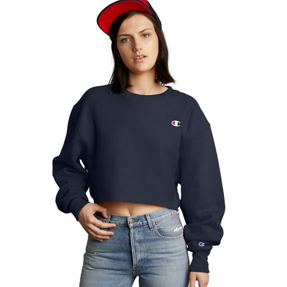 Champion Life Womens Reverse Weave Cropped Cut Off Crew-Mens Fit, M, Navy
