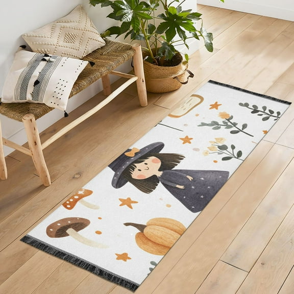Yayeee Runner Rug for Bedroom 2'x6' Machine Washable Hallway Non Slip Mat, White Magical Halloween Girl