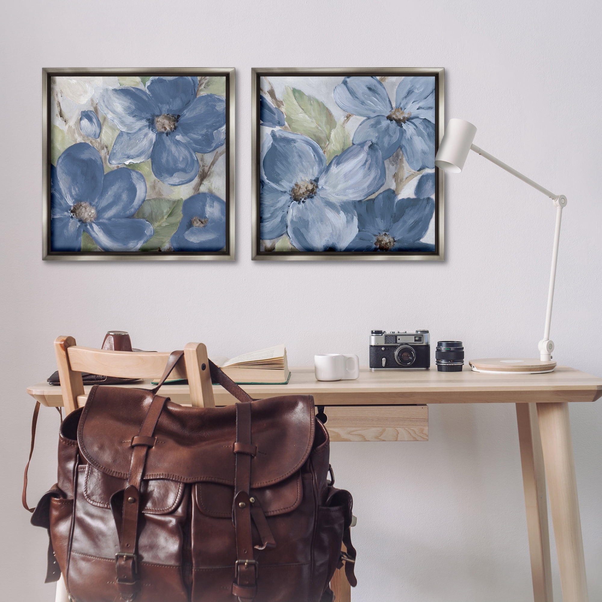 Stupell Industries Blue Blooming Petals Plants & Flowers Painting Gray Floater Framed Canvas Art Print Wall Art, 25 x 25, Set of 2