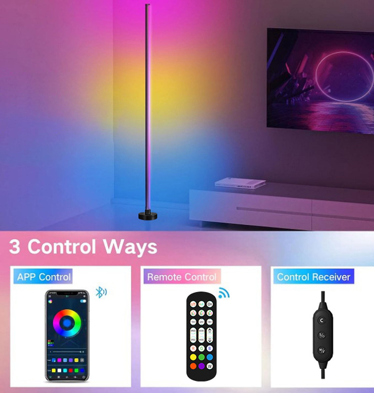 AYktou LED Floor Lamp 1.2m Corner Floor Lamp 1.6 Billion DIY Color & 23+ Scene and Music Sync Smart Modern Floor Lamp Color-changing Floor Lamp for Living Room