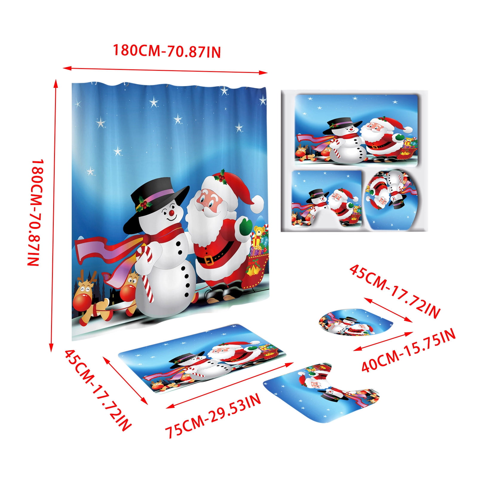Tyidzon 4Pcs Christmas Shower Curtain Set with Non-Slip Bathroom Rugs Toilet Lid Cover U-Shaped Mats for Home Bathroom Xmas Decor, Waterproof Shower Liner 71x71"
